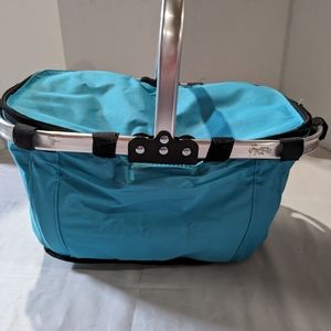 Collapsible insulated zippered picnic basket cooler grocery bag soft sided teal